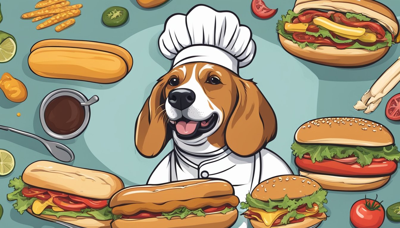 A dog wearing a chef hat holds a hot dog in its mouth, surrounded by condiments and a bun