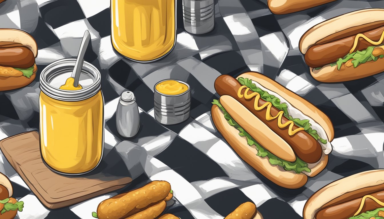 A hot dog sits on a checkered picnic blanket beside a jar of mustard, a pile of fresh buns, and a cold can of soda