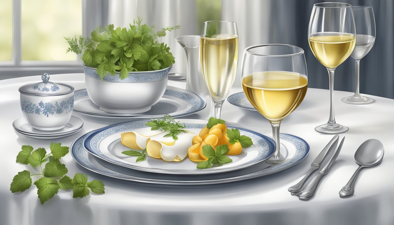 A table set with fine china and silverware, a plate of quenelles garnished with herbs, and a glass of white wine