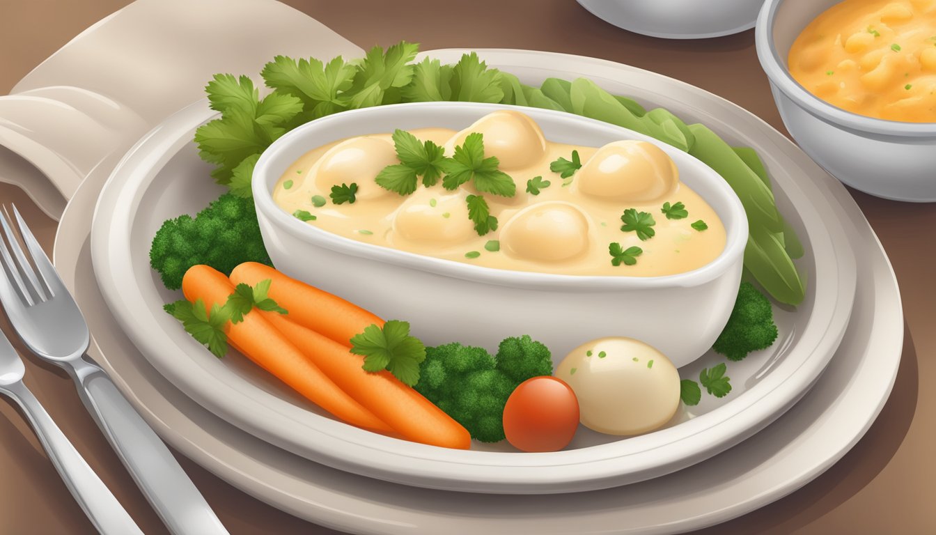 A plate of quenelles in a creamy sauce, garnished with fresh herbs, served with a side of steamed vegetables