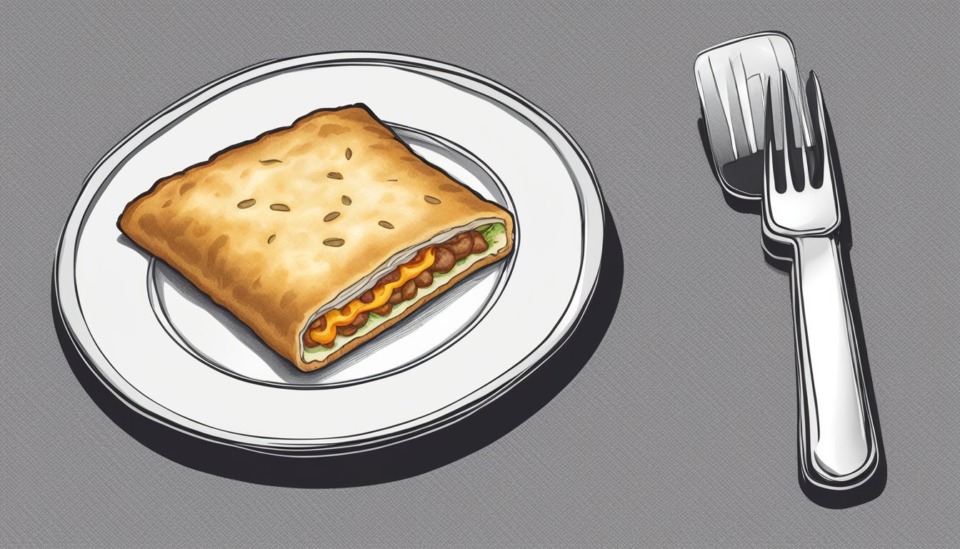 A hot pocket sits on a plate, steam rising from the crispy crust. A fork and knife are positioned nearby, ready to be used