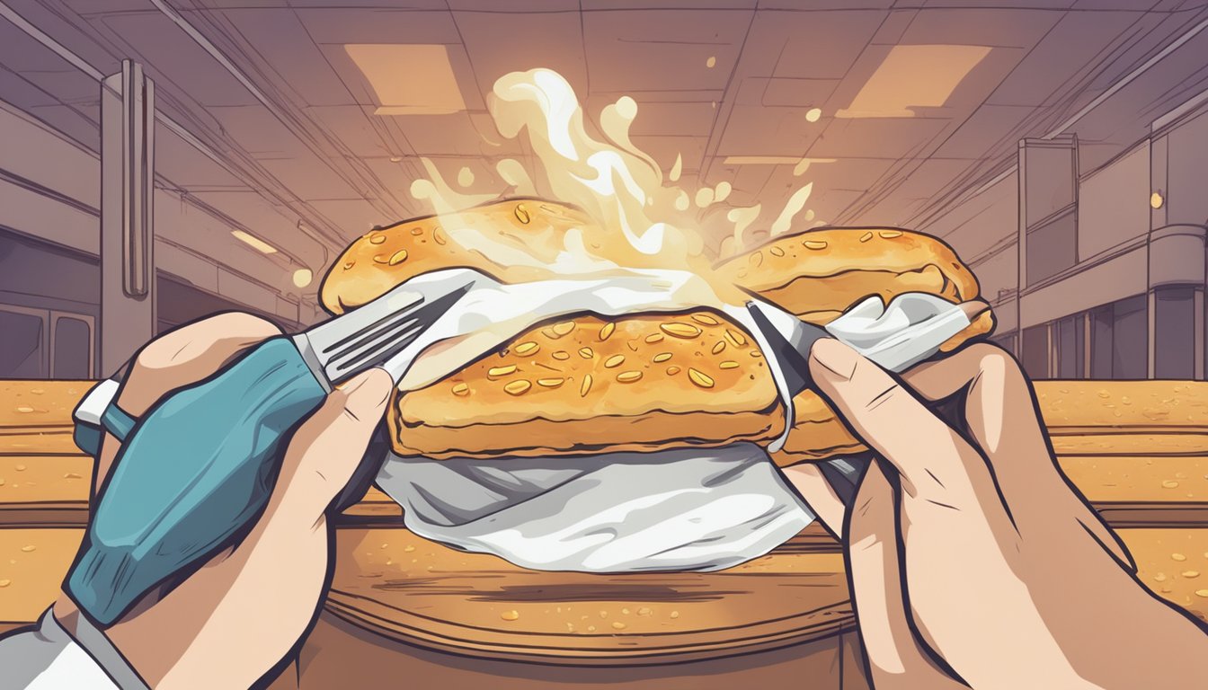 A person holding a hot pocket with a fork and knife, steam rising from the pastry. A caution sign with "Caution: Hot" is visible in the background