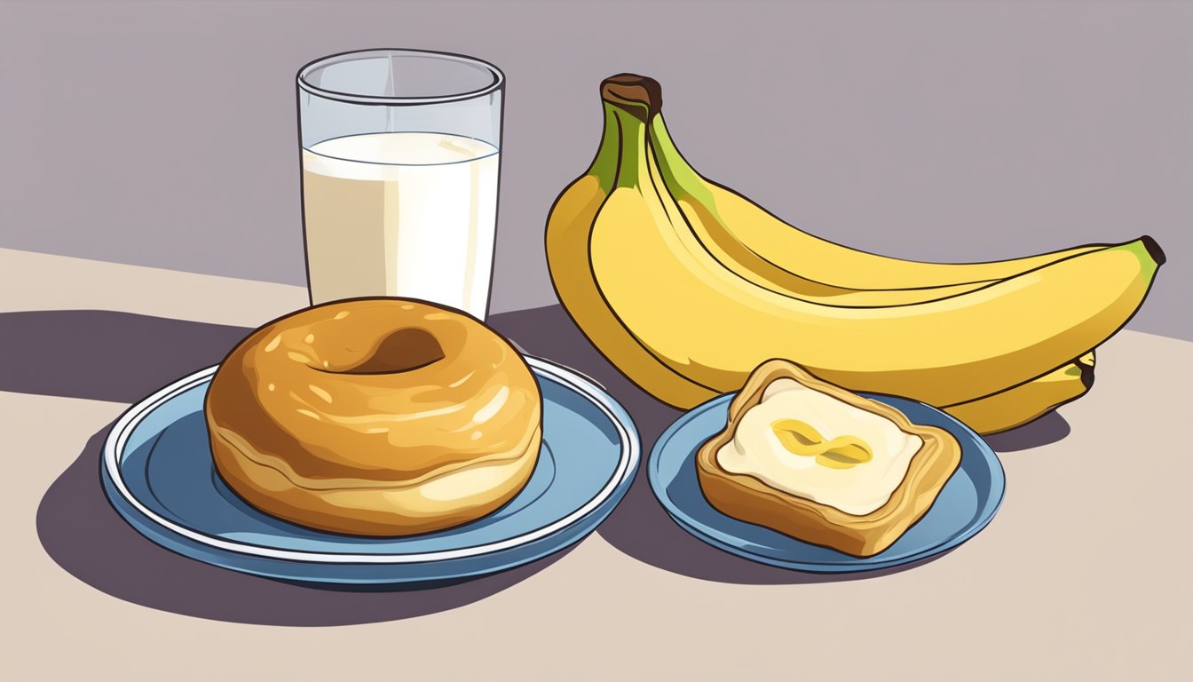 A honey bun sits on a plate next to a glass of milk and a banana, ready to be enjoyed as a snack