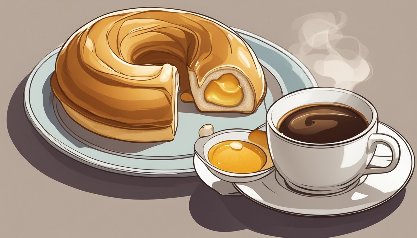 A honey bun sits on a plate next to a steaming cup of coffee, with a small dish of honey on the side