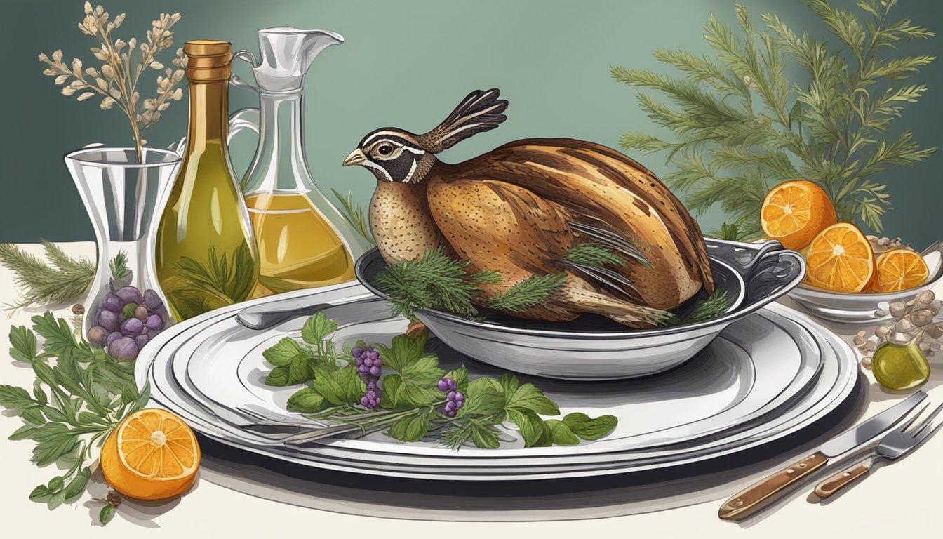 A table set with fine dining utensils and a whole roasted quail on a plate, surrounded by herbs and garnishes