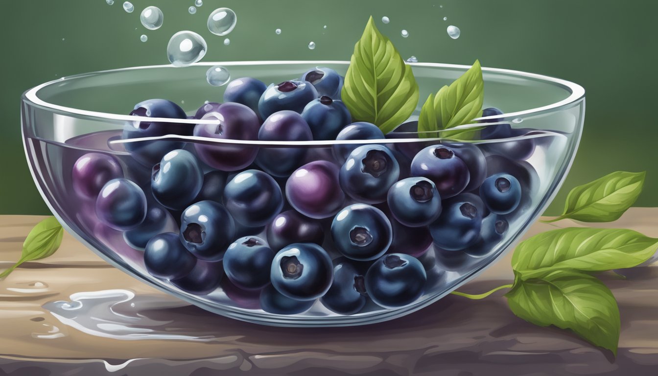 A small bowl of freshly picked huckleberries being rinsed under a stream of water, with a few berries floating on the surface