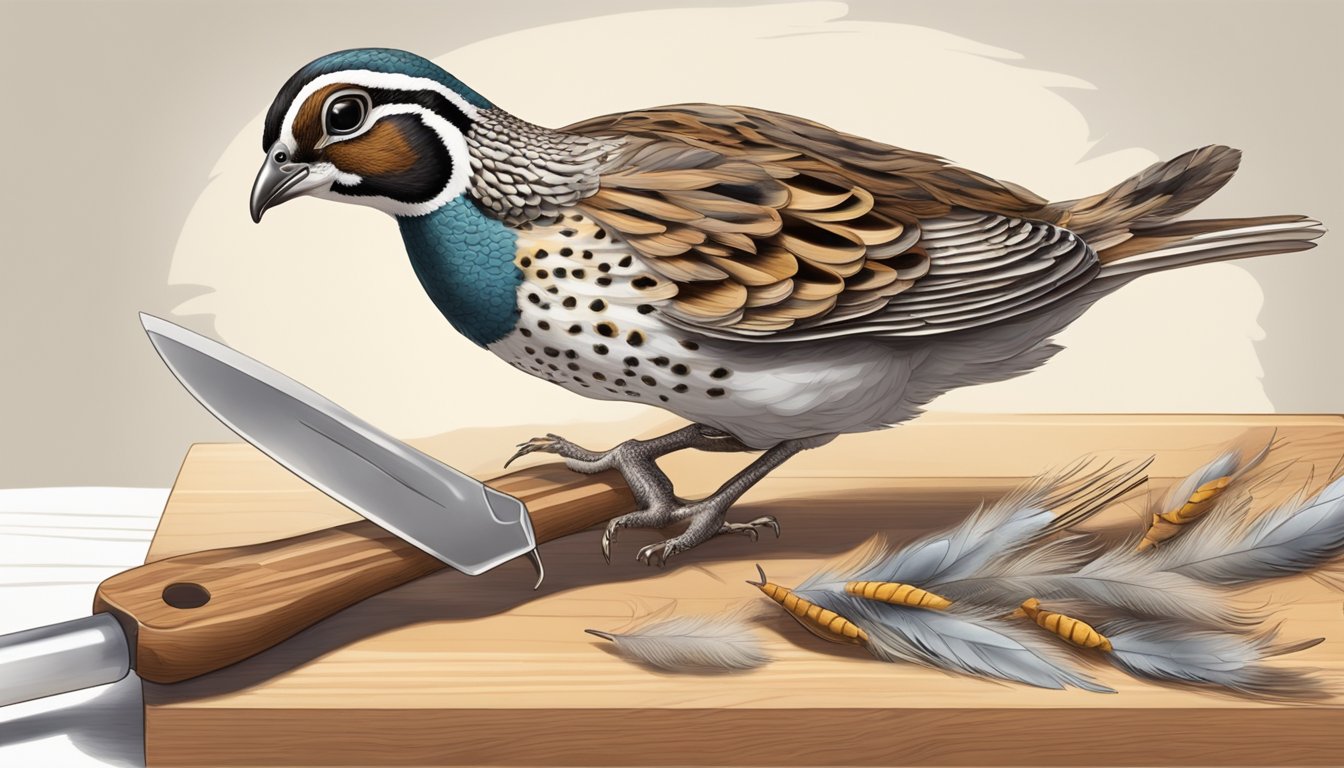 A quail being plucked and gutted on a wooden cutting board, with feathers and innards discarded nearby