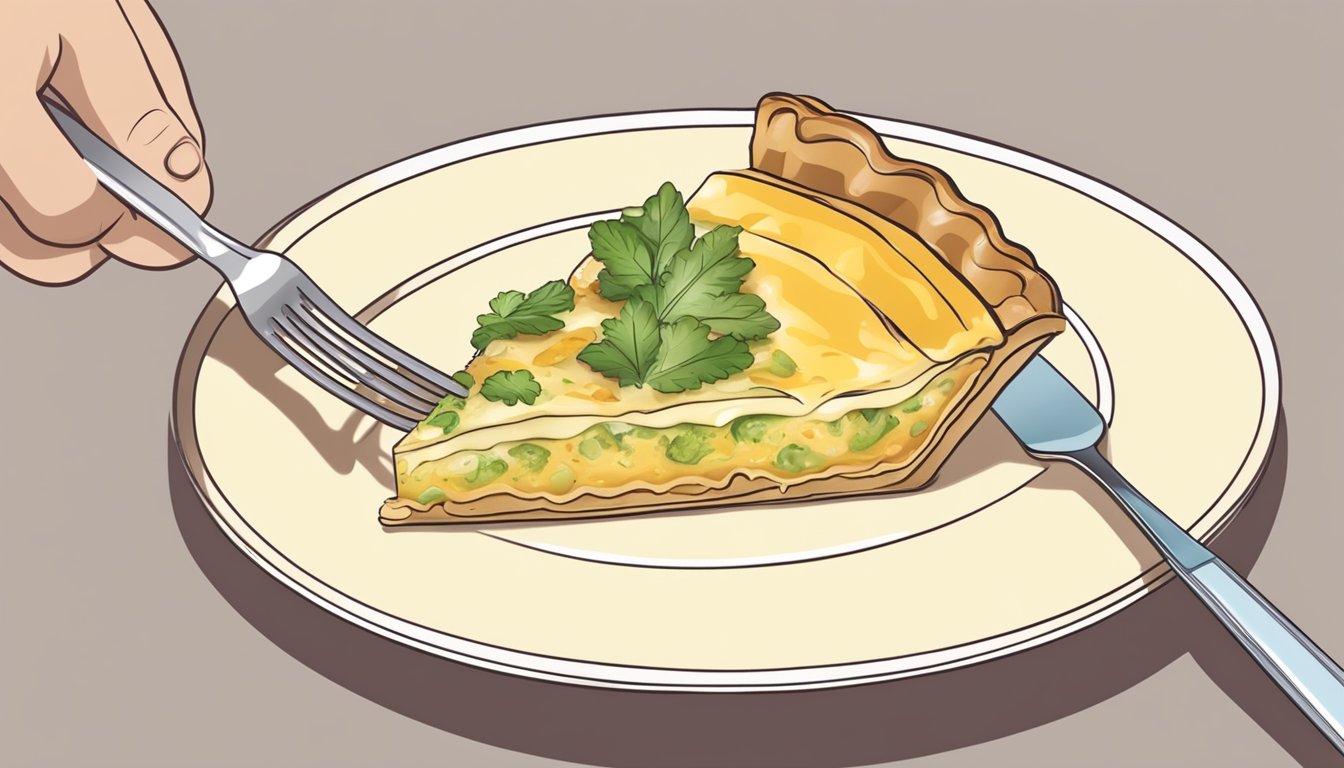 A person slicing into a quiche with a fork, steam rising from the creamy filling, a golden crust on the plate