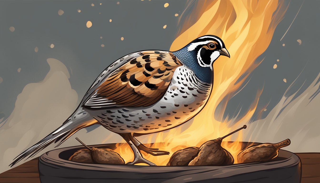 A quail being roasted on a spit over an open flame