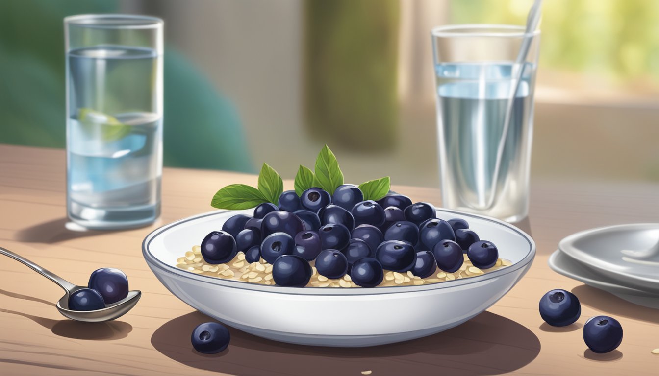 A bowl of huckleberries sits next to a spoon, with a glass of water and a plate of oatmeal in the background