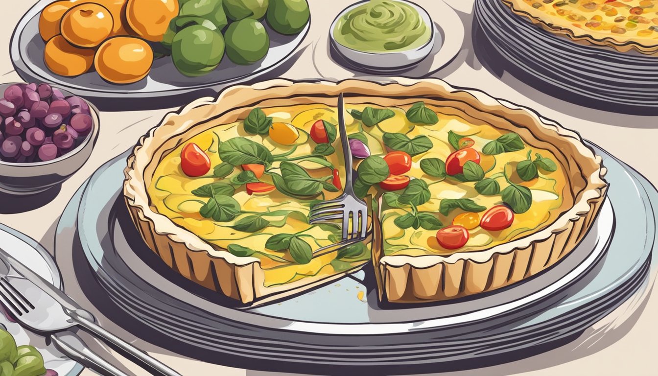 A person slices a quiche with a fork, choosing from various accompaniments on the table