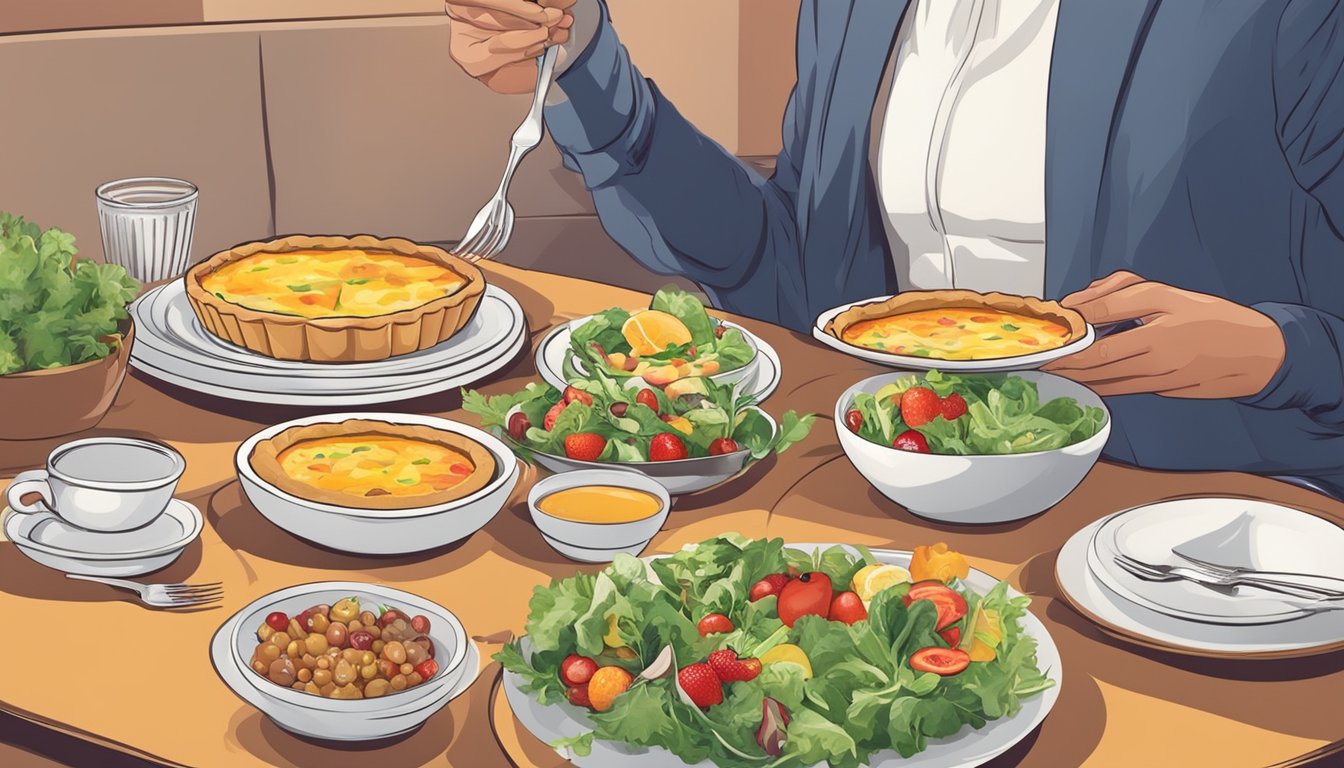 A table set with a variety of foods including quiche, salad, and fruit. A person sitting down with a plate of quiche and a fork, ready to eat