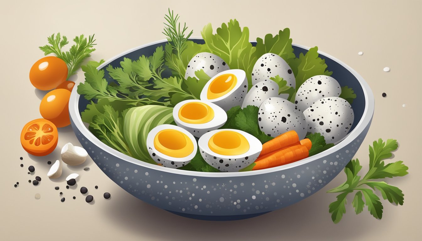 A bowl of quail eggs surrounded by a variety of fresh vegetables and herbs, with a small dish of salt and pepper on the side