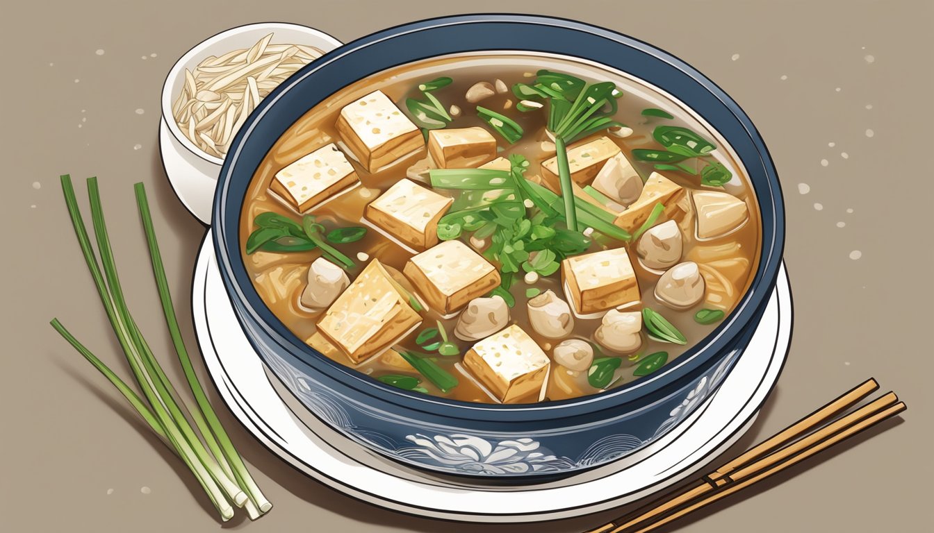 A steaming bowl of hot and sour soup surrounded by ingredients like tofu, mushrooms, bamboo shoots, and green onions, with a pair of chopsticks resting on the side