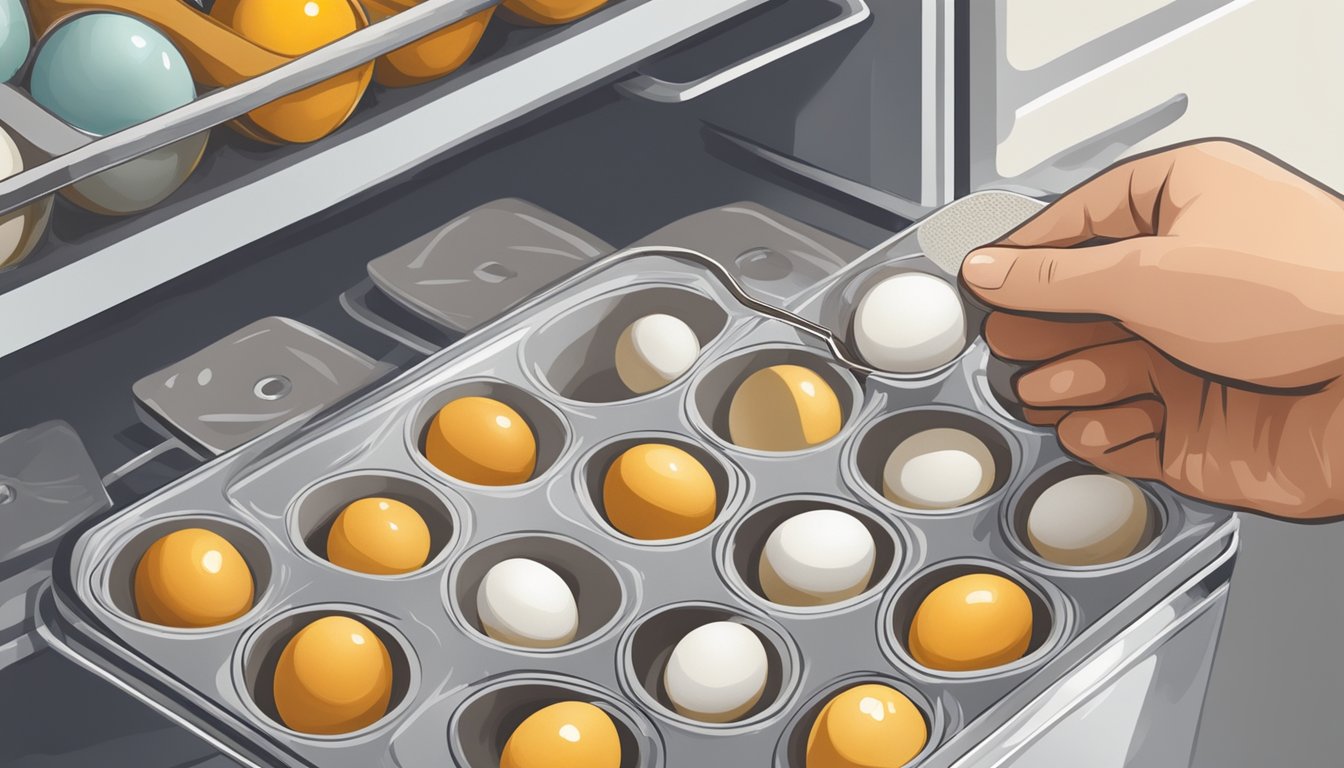 A hand reaching into a carton of quail eggs in a refrigerator, with a bowl and whisk on the counter nearby