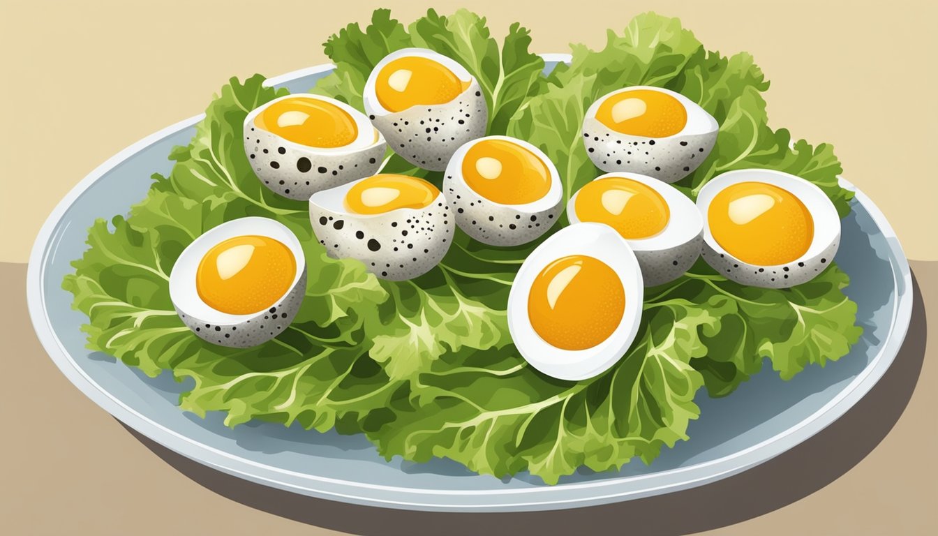 A small dish of quail eggs arranged on a bed of lettuce, with a sprinkle of salt and pepper on top