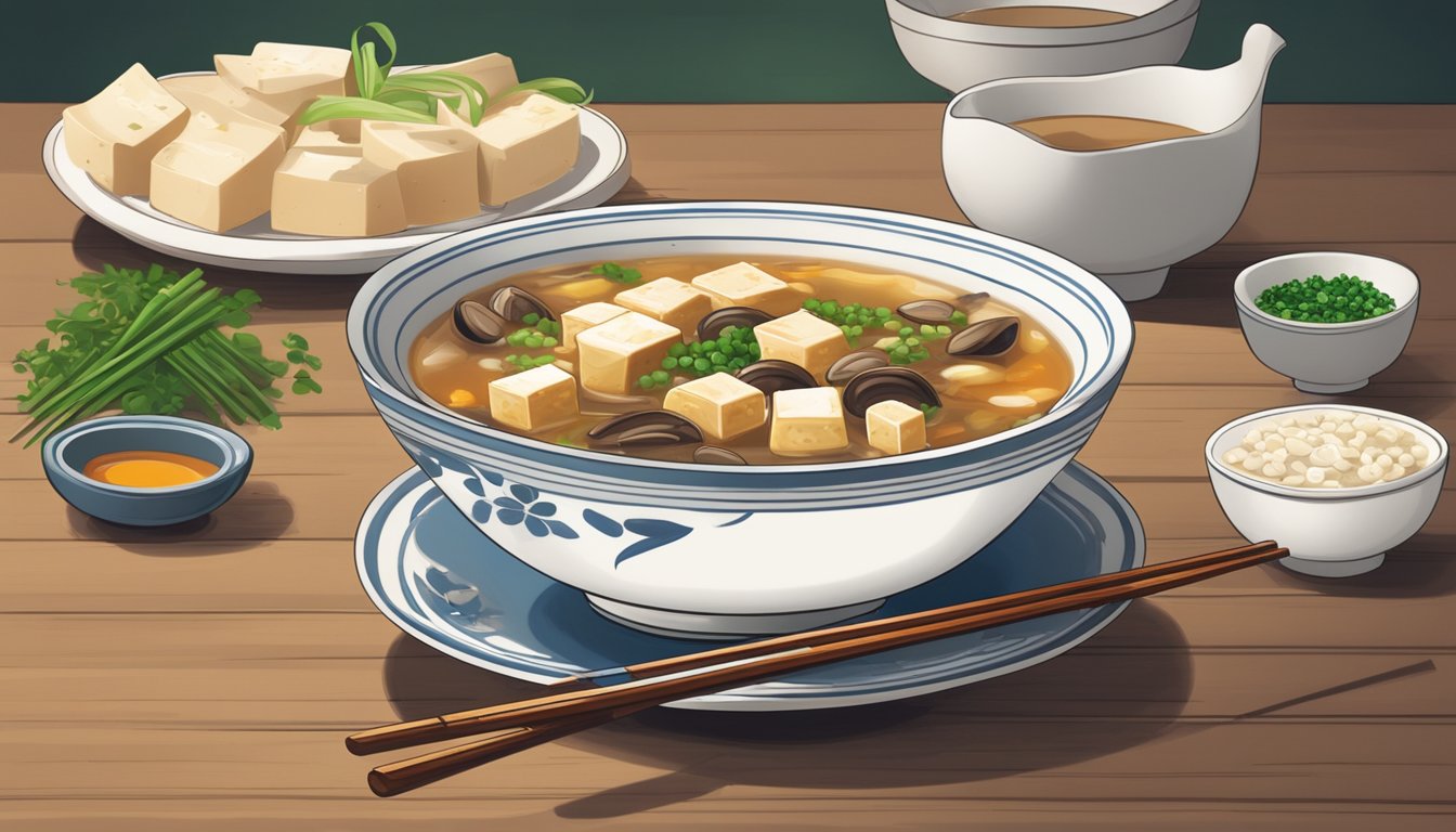 A steaming bowl of hot and sour soup sits on a wooden table, garnished with slices of tofu, mushrooms, and green onions. A pair of chopsticks rests beside the bowl