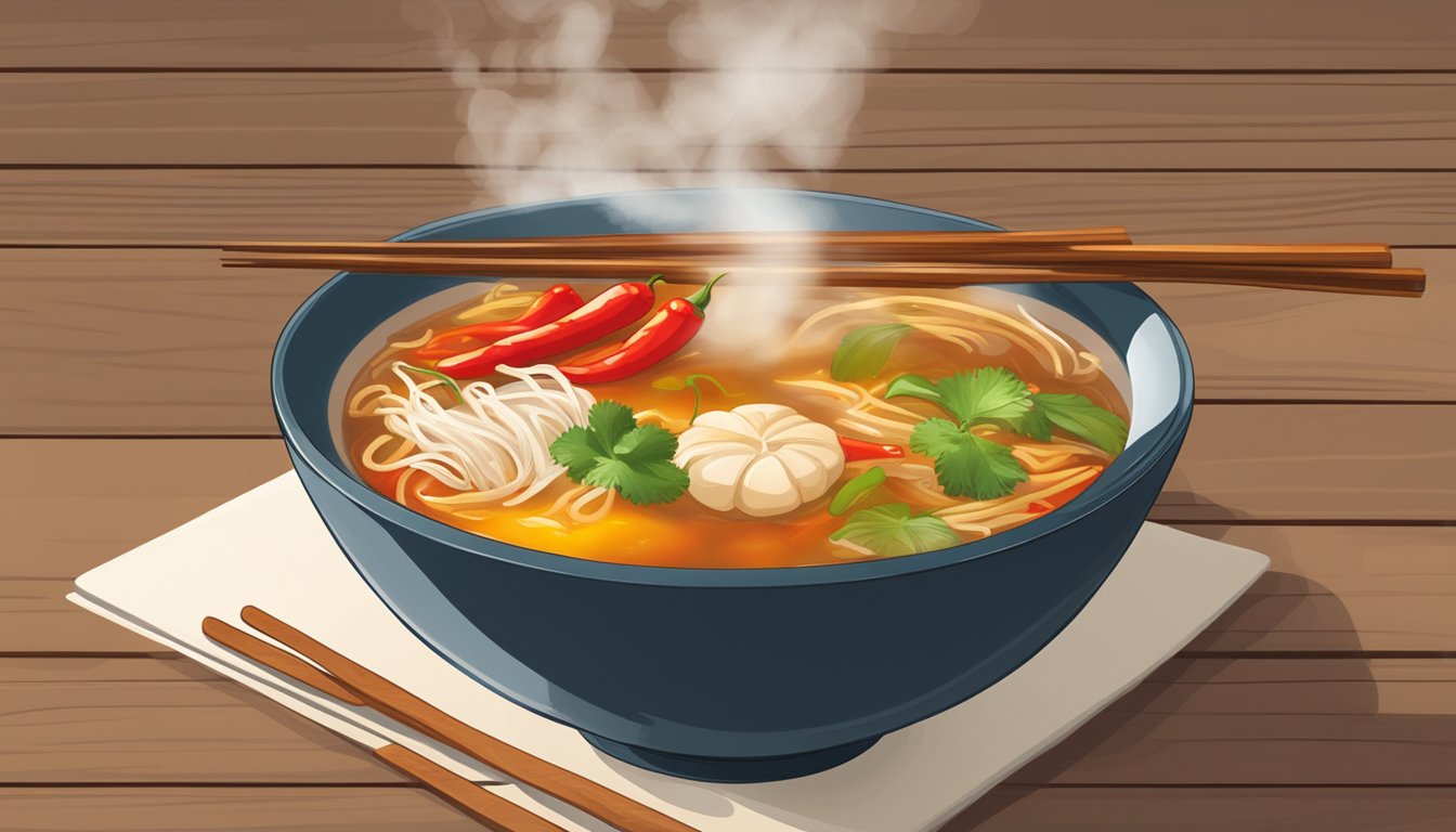 A steaming bowl of hot and sour soup sits on a wooden table, surrounded by a pair of chopsticks and a spoon. Steam rises from the surface, carrying the scent of tangy vinegar and spicy peppers