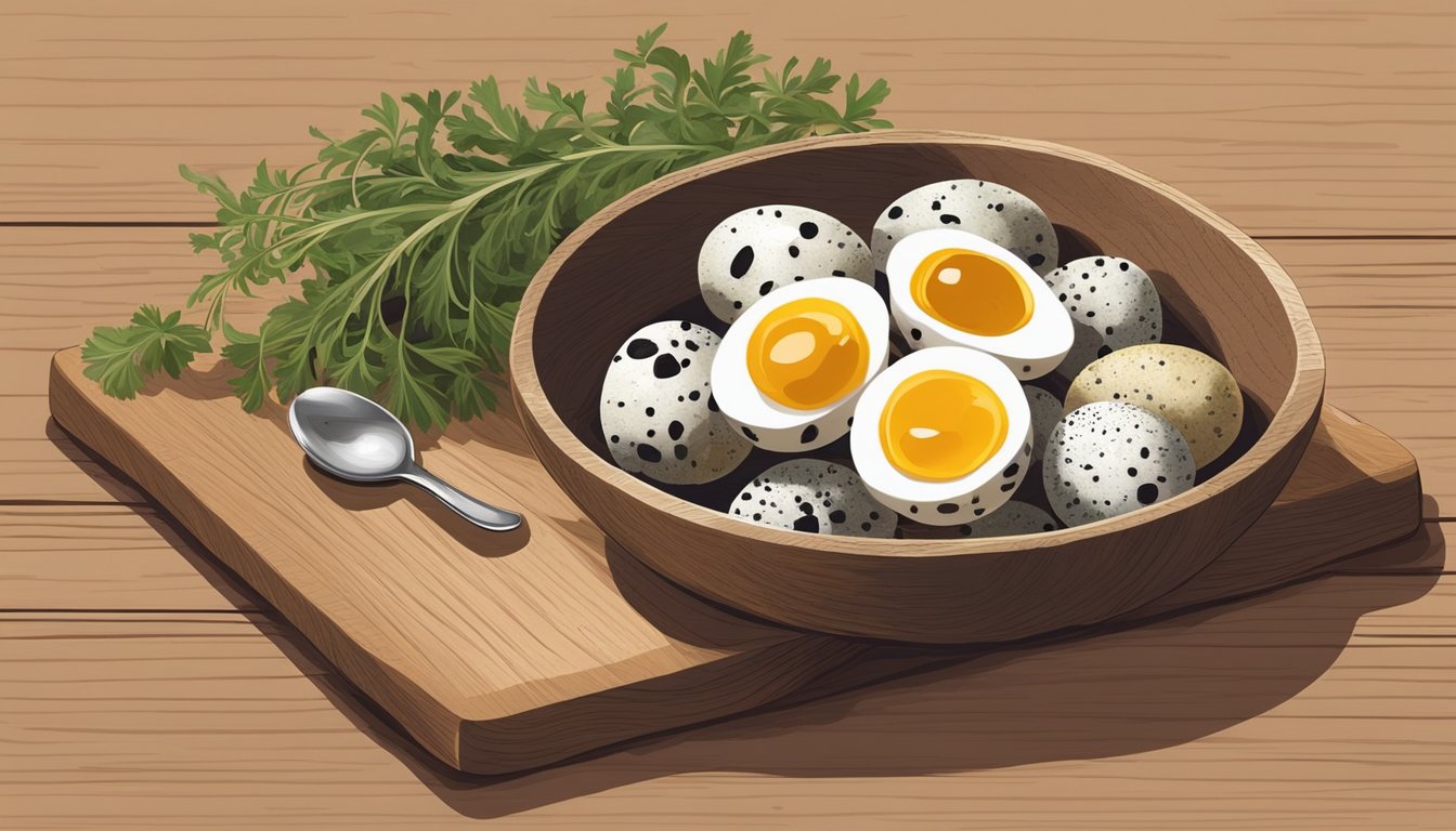 A small bowl of quail eggs arranged on a wooden cutting board, surrounded by fresh herbs and a small dish of sea salt. A delicate spoon rests beside the bowl