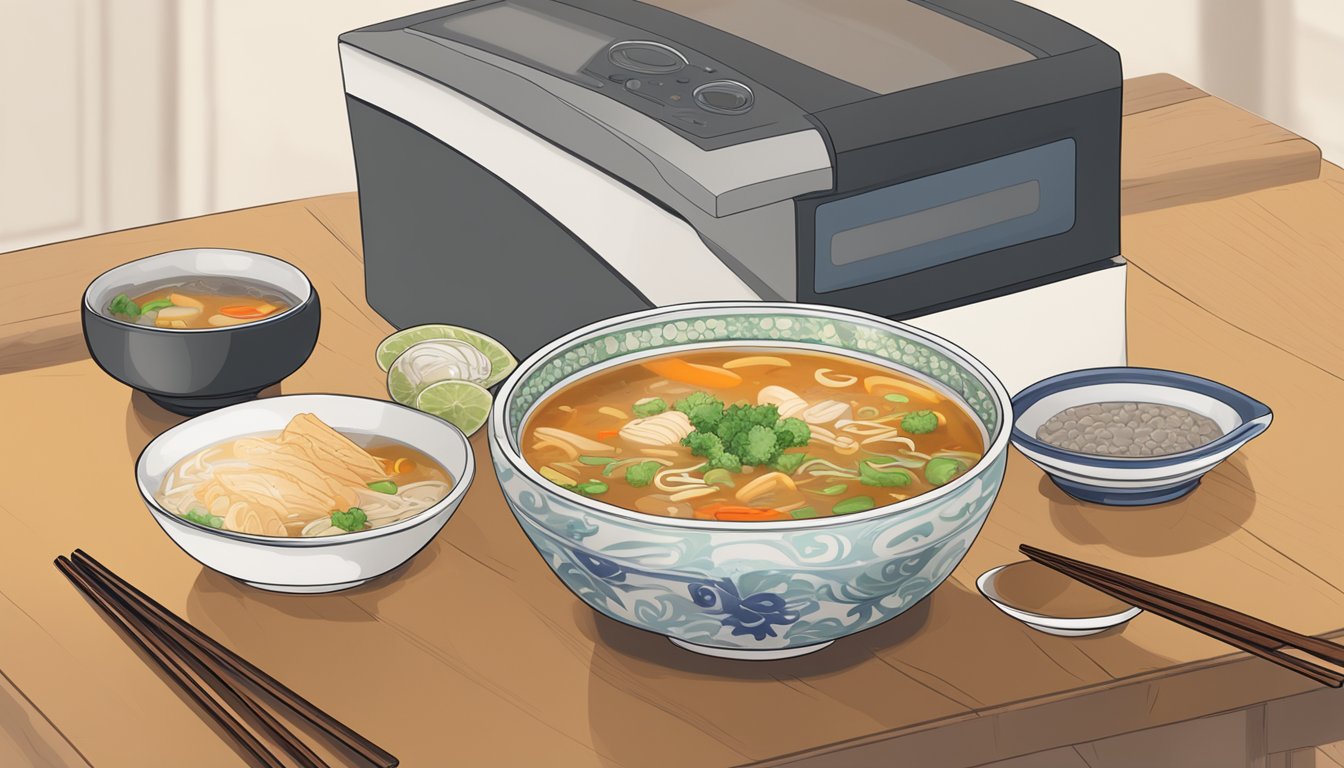 A steaming bowl of hot and sour soup sits on a wooden table, with a pair of chopsticks resting on the side. A microwave and a container of leftover soup are nearby