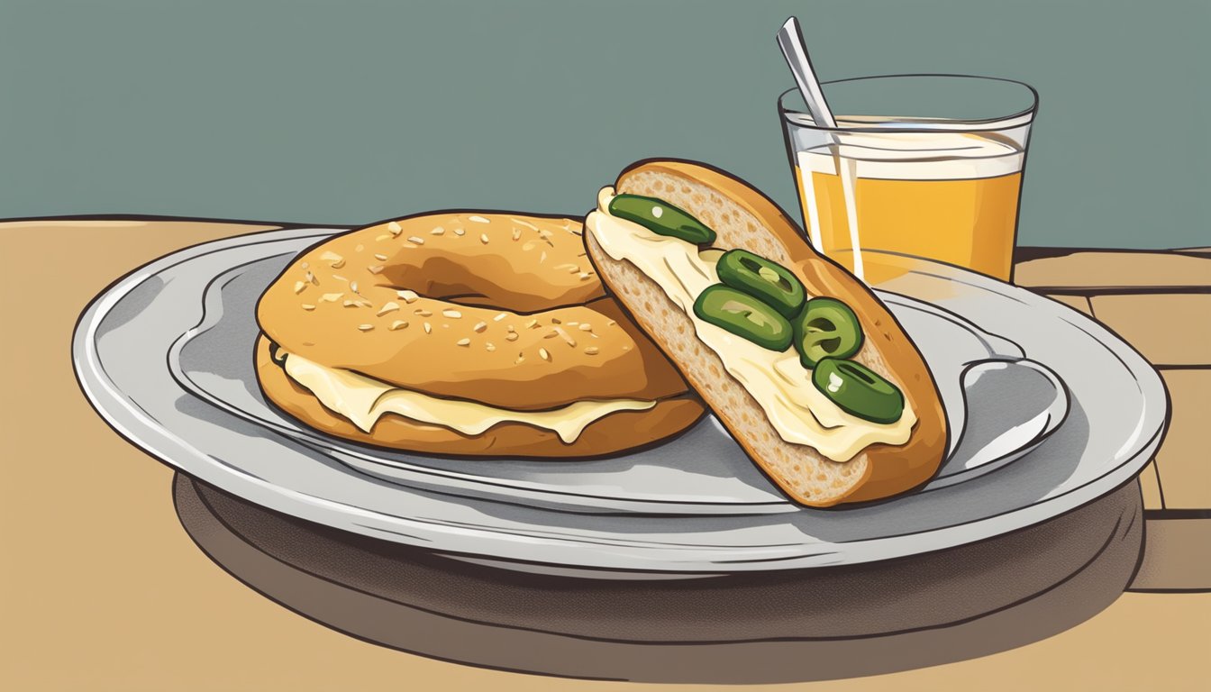 A jalapeño cheddar bagel sits on a plate, sliced and lightly toasted. A small dish of cream cheese is nearby