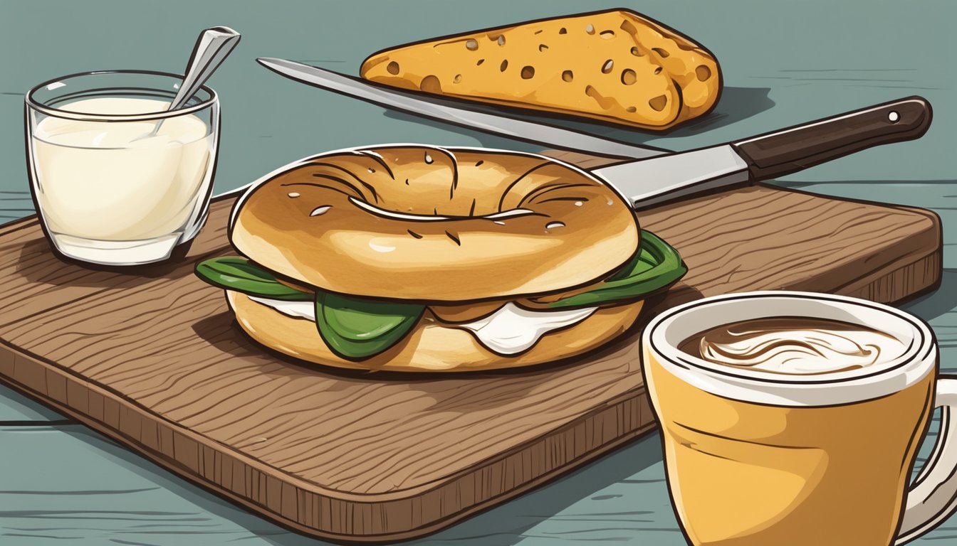 A jalapeño cheddar bagel sits on a wooden cutting board with a knife and a smear of cream cheese. A steaming cup of coffee sits nearby