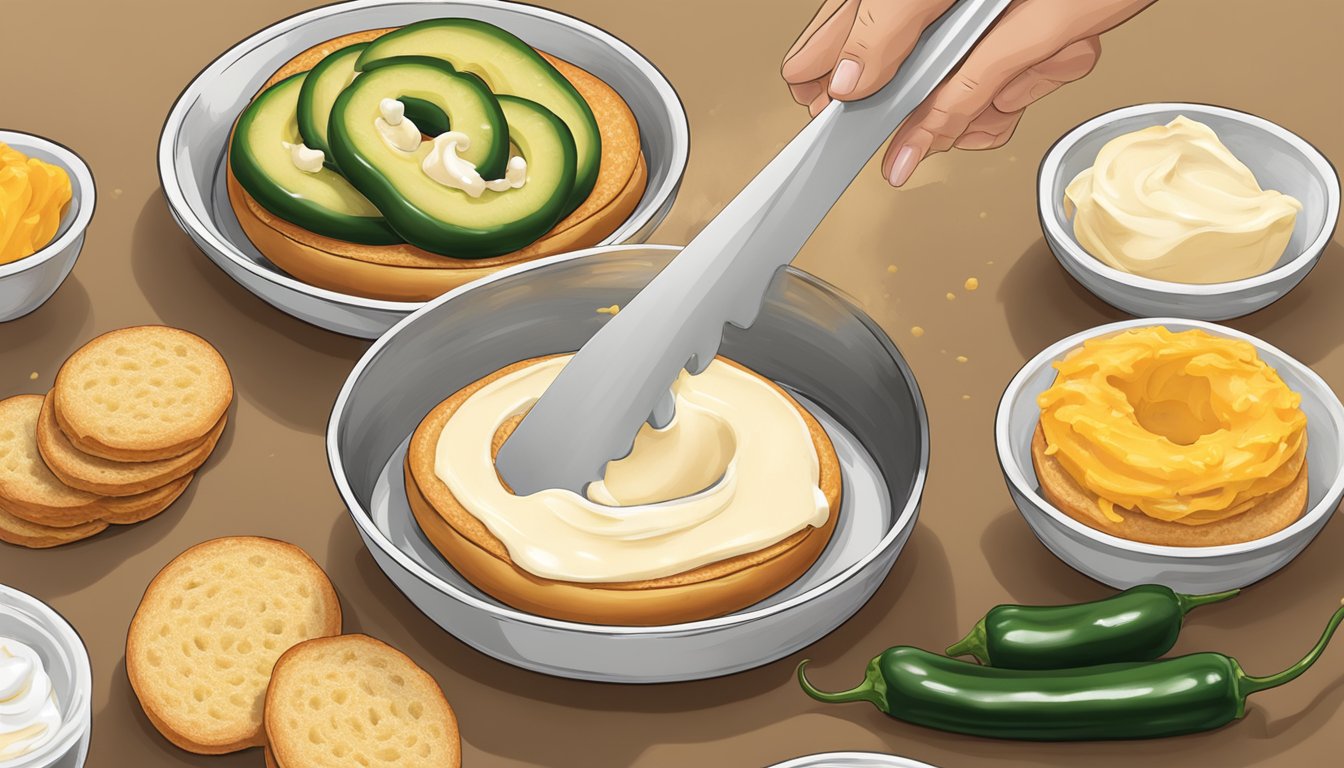 A jalapeño cheddar bagel being sliced and spread with cream cheese