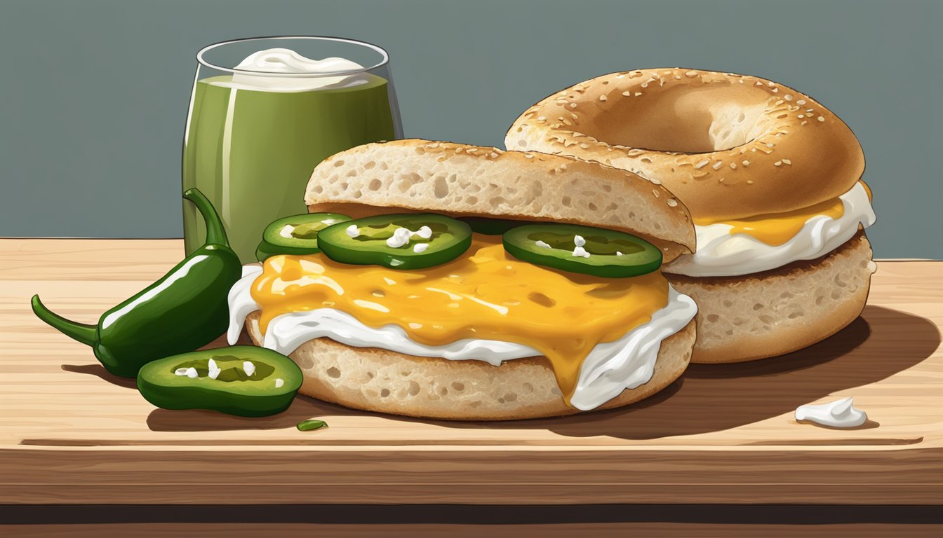 A jalapeño cheddar bagel sits on a wooden cutting board, sliced in half and smeared with cream cheese. A small dish of sliced jalapeños sits nearby