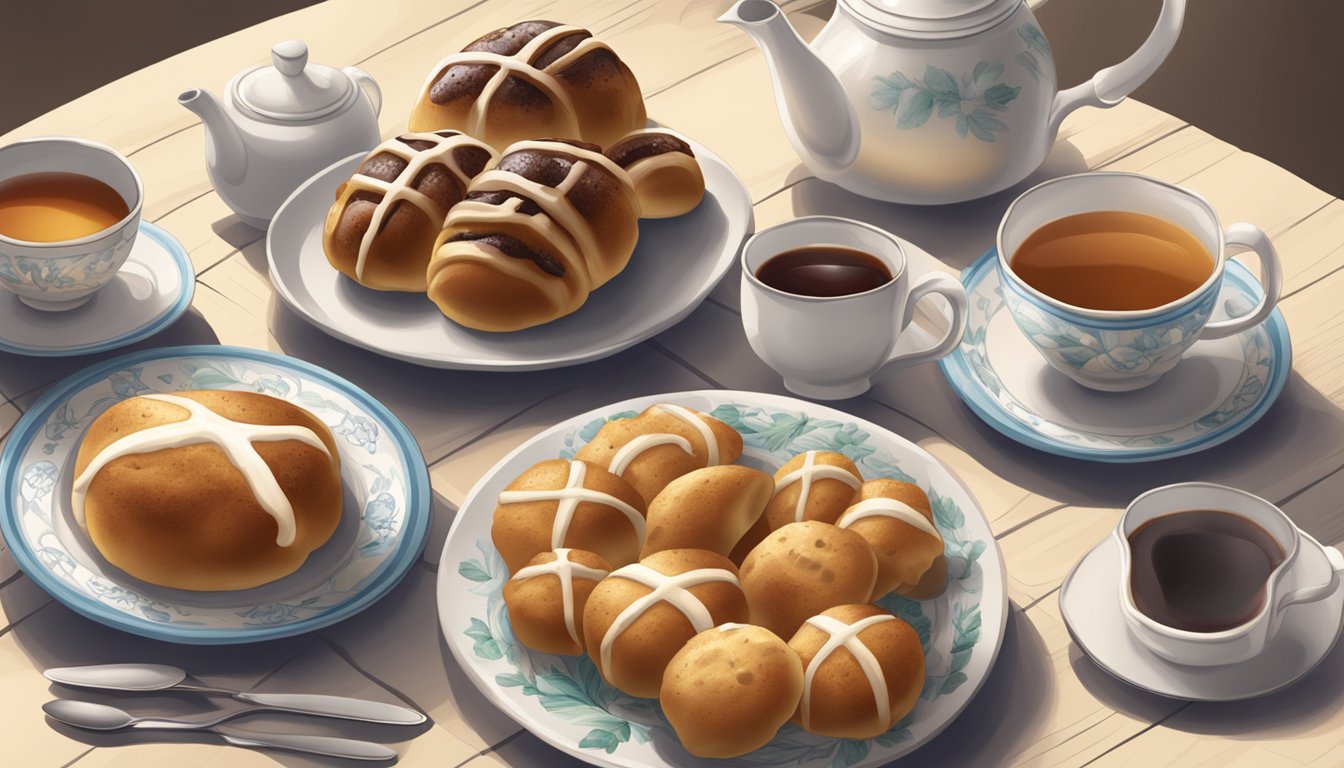 A table set with a variety of hot cross buns, some plain, some with icing, some with fruit, and a cup of tea on the side