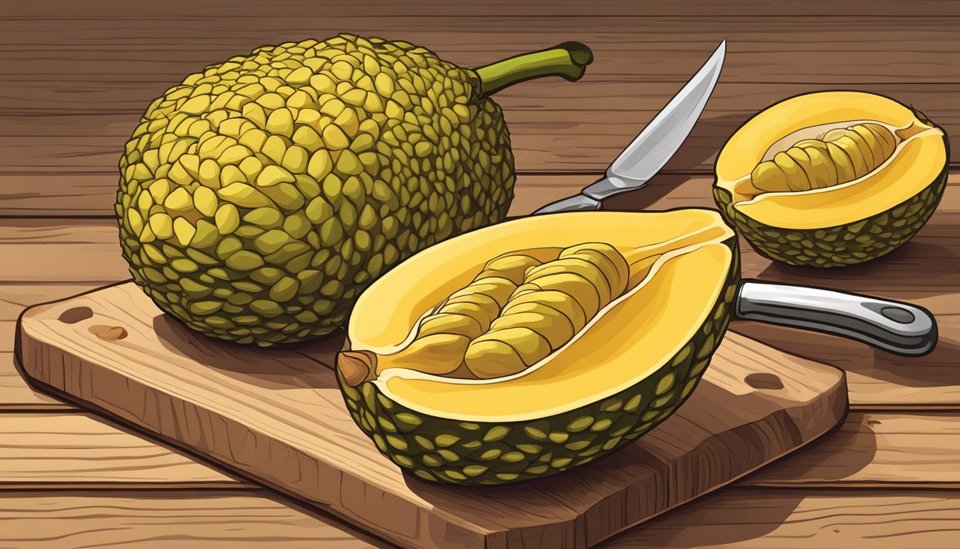 A jackfruit sits on a wooden cutting board, surrounded by a knife, spoon, and bowl of seeds. The fruit is sliced open, revealing its yellow flesh and fibrous texture