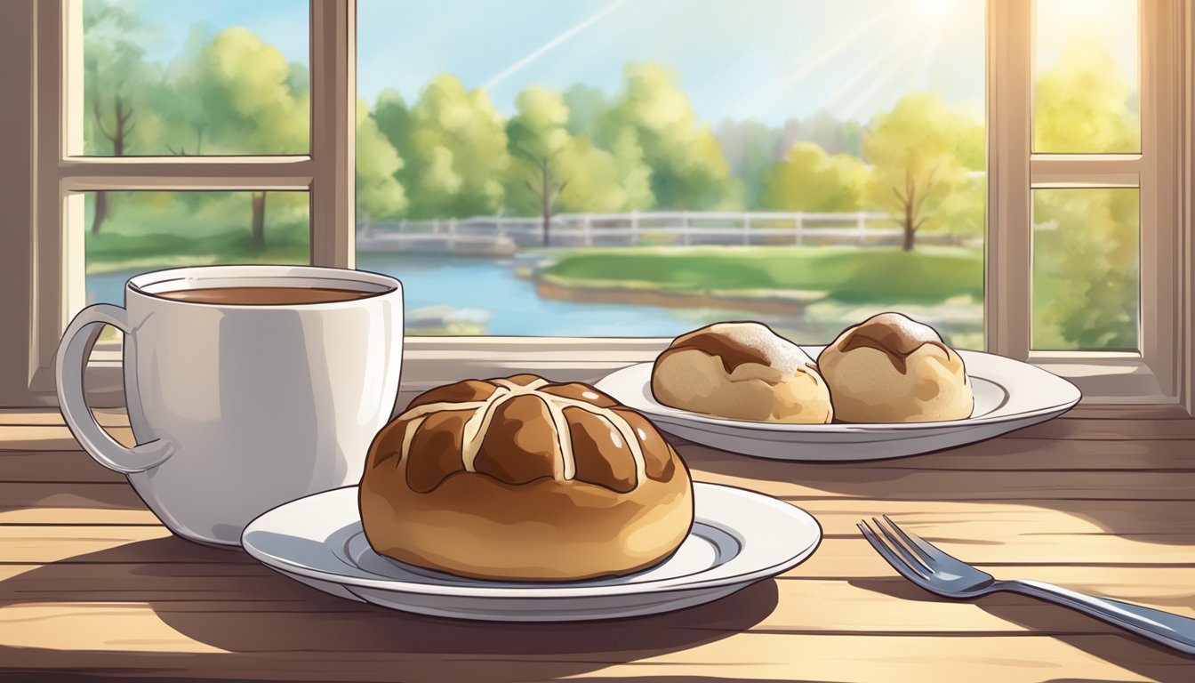 A hot cross bun being placed on a plate next to a cup of tea on a wooden table with a window in the background showing a sunny spring day