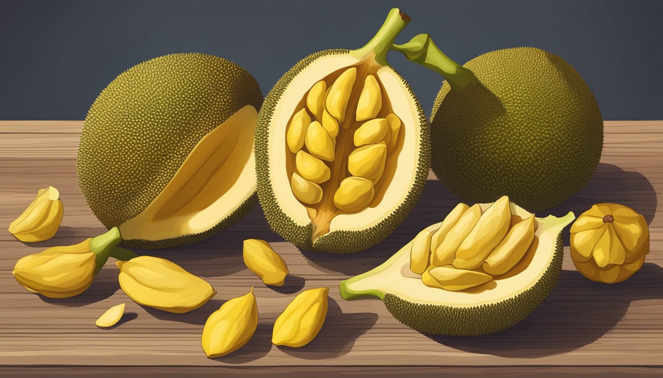 A whole jackfruit sits on a wooden table surrounded by various other fruits. The jackfruit has been cut open, revealing its yellow, fleshy interior and numerous seeds