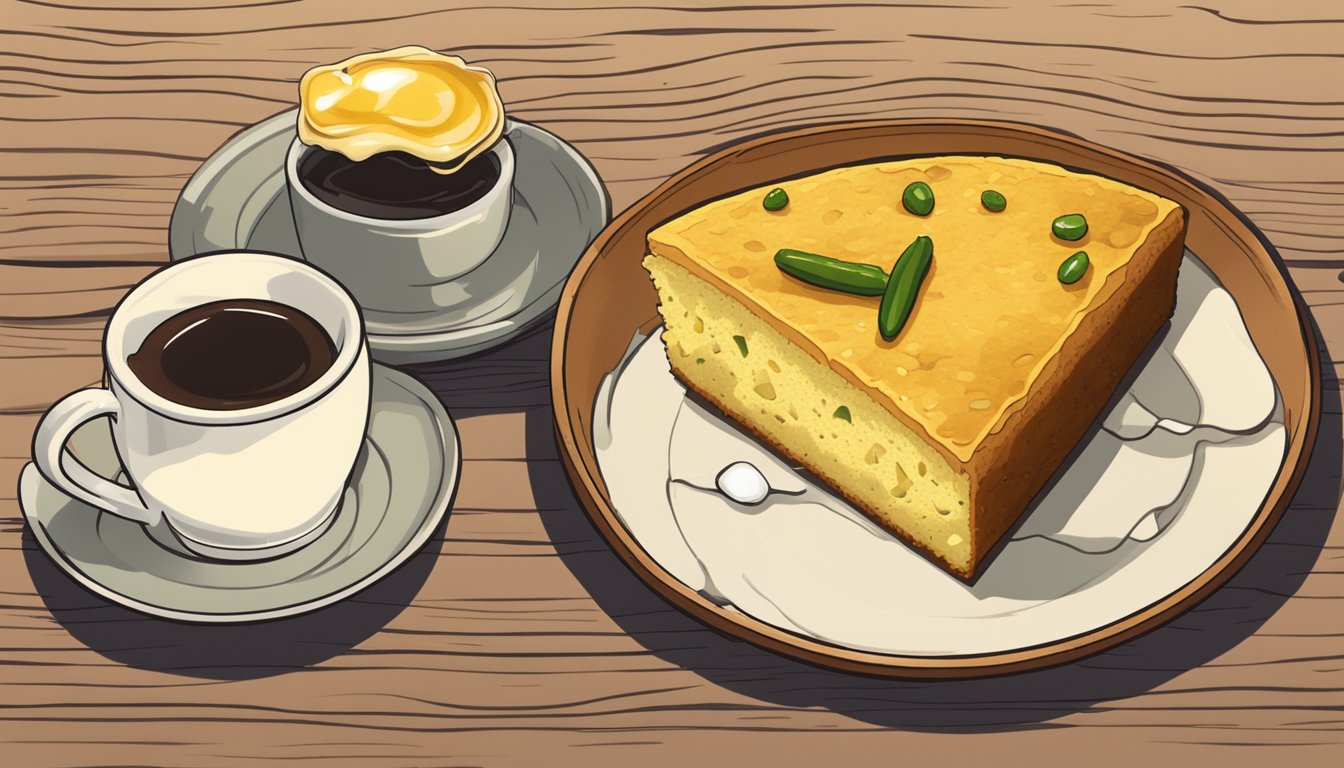 A slice of jalapeño cornbread on a wooden plate with a dollop of butter and a drizzle of honey next to a steaming cup of coffee