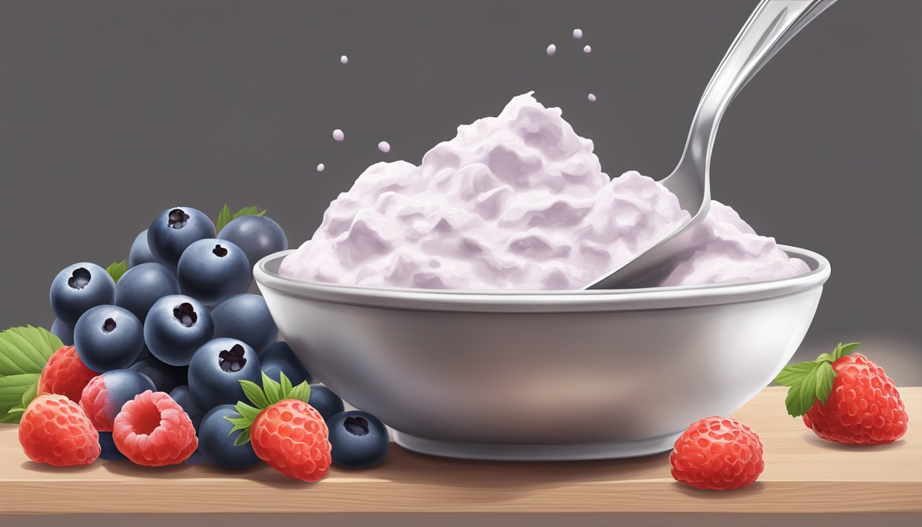 A spoonful of quark being scooped from a container, with a bowl of fresh berries nearby