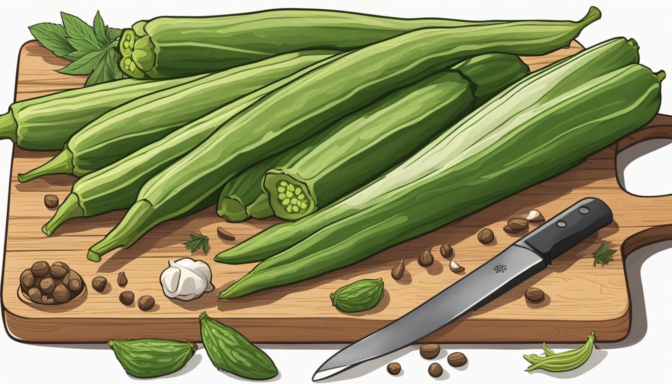 A bowl of fresh okra sits on a wooden cutting board, surrounded by various spices and herbs. A chef's knife is nearby, ready to slice the okra for cooking