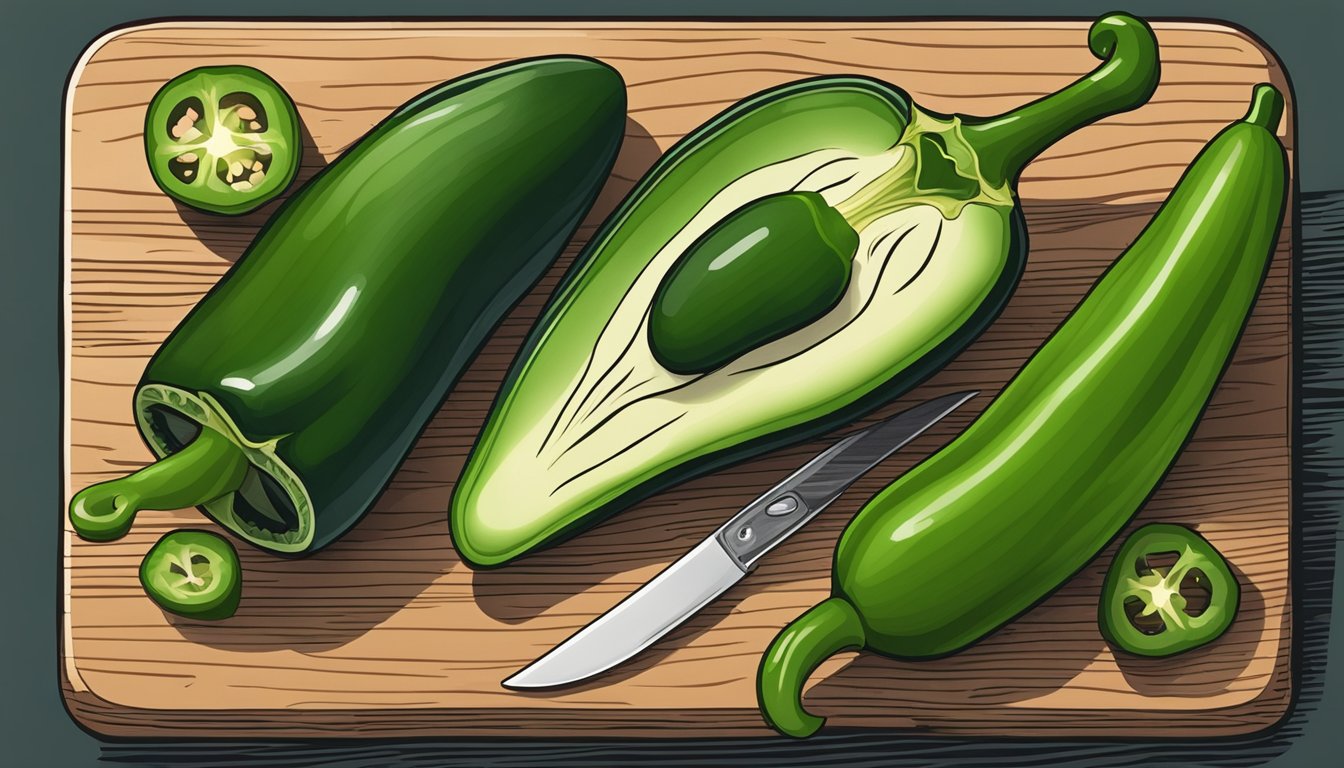 A jalapeño being sliced and deseeded on a cutting board