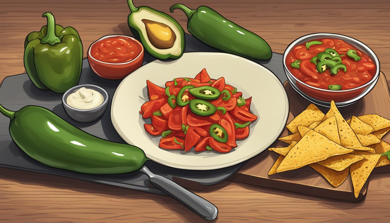 A jalapeño pepper sliced on a cutting board, alongside a bowl of salsa and a plate of nachos