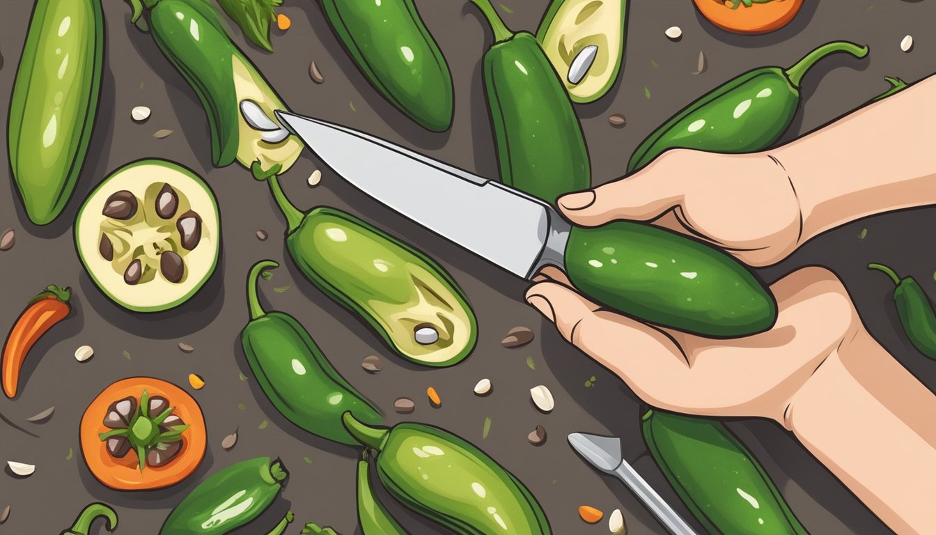 A hand holding a jalapeño, a knife slicing it open, seeds and membrane visible