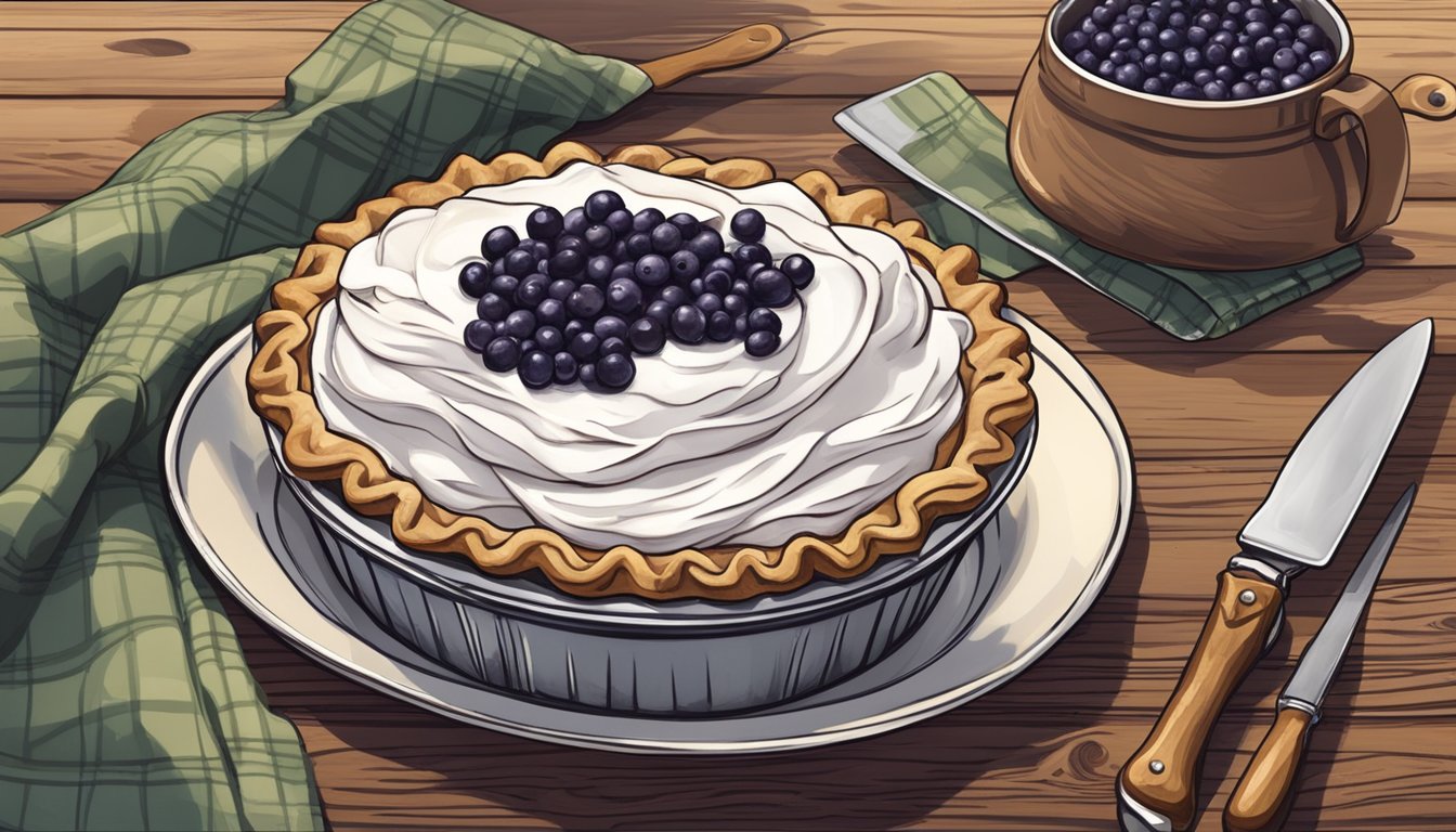 A rustic table set with a freshly baked huckleberry pie, a serving knife, and a dollop of whipped cream on the side