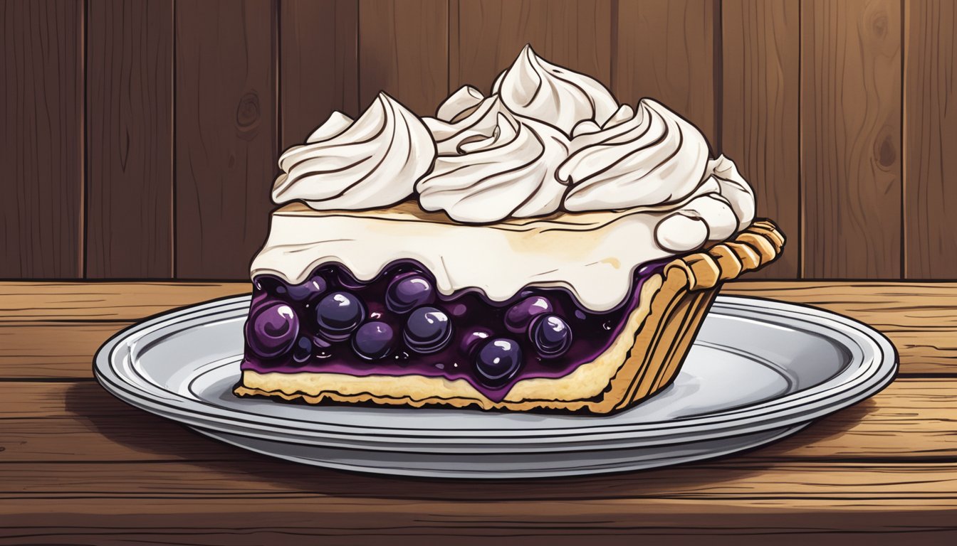 A huckleberry pie sits on a rustic wooden table, steam rising from its golden crust. A dollop of whipped cream adorns the slice, ready to be devoured