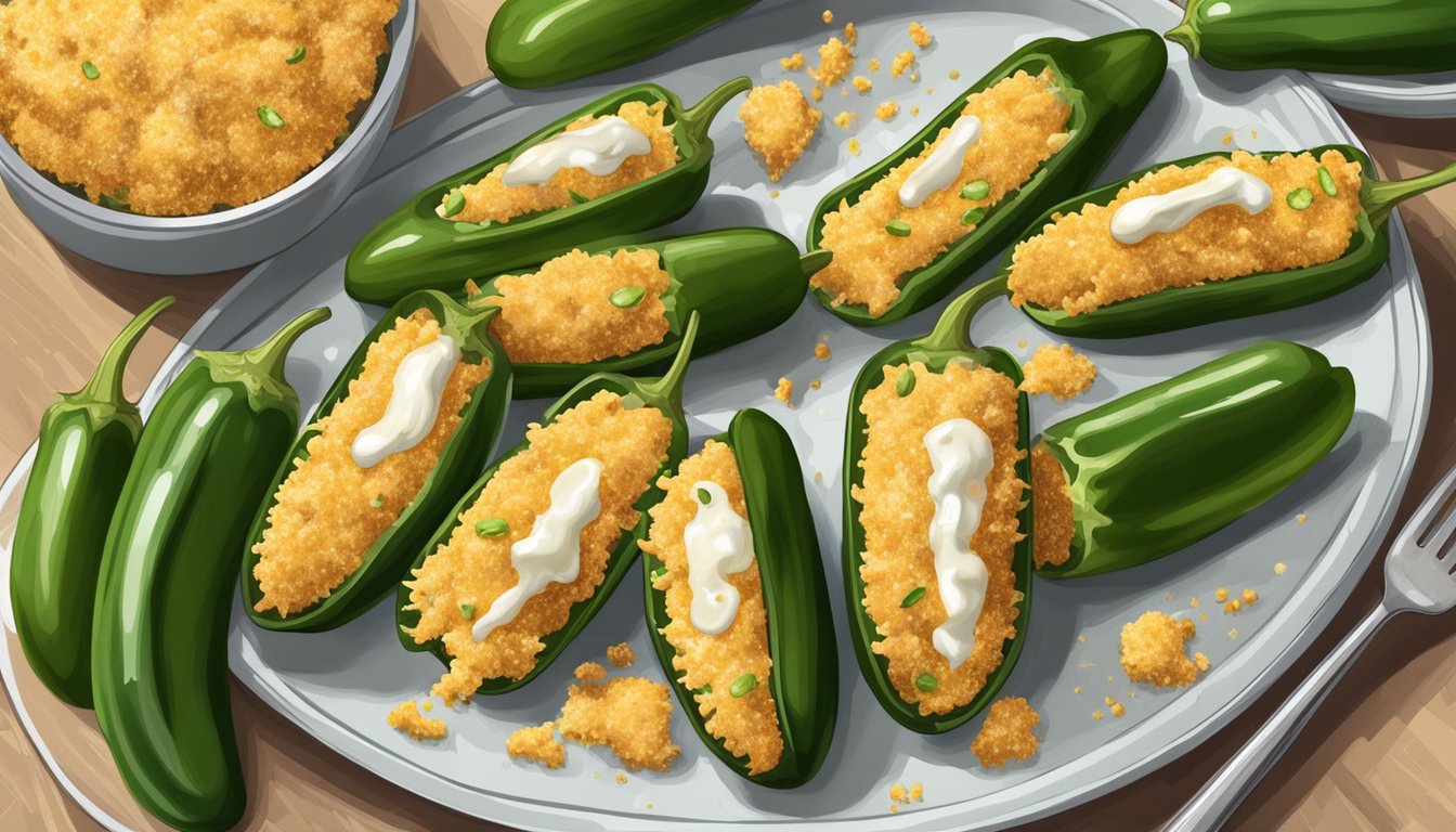 A plate of jalapeno poppers surrounded by vibrant green jalapenos, creamy cheese filling, and crispy golden breadcrumbs. A fork pierces a popper, oozing cheese