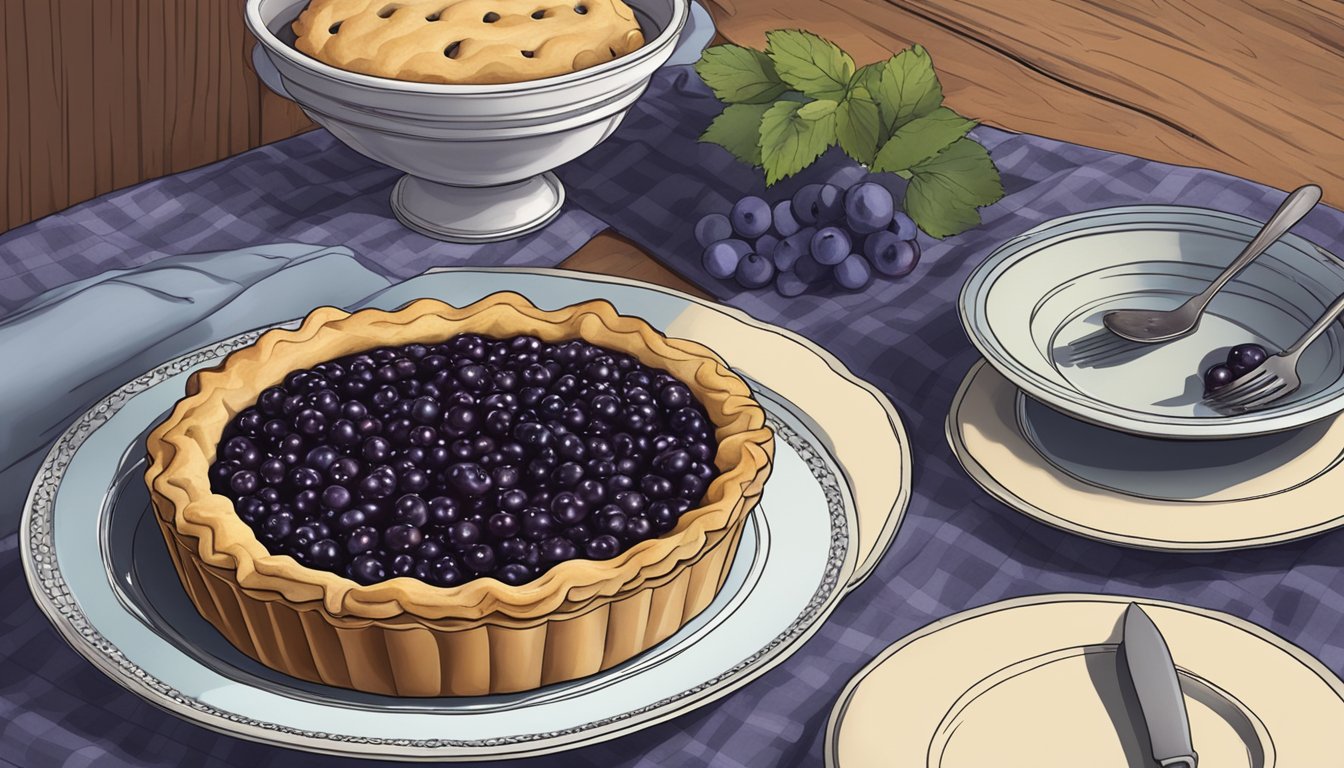 A table set with a freshly baked huckleberry pie, a serving knife, and plates