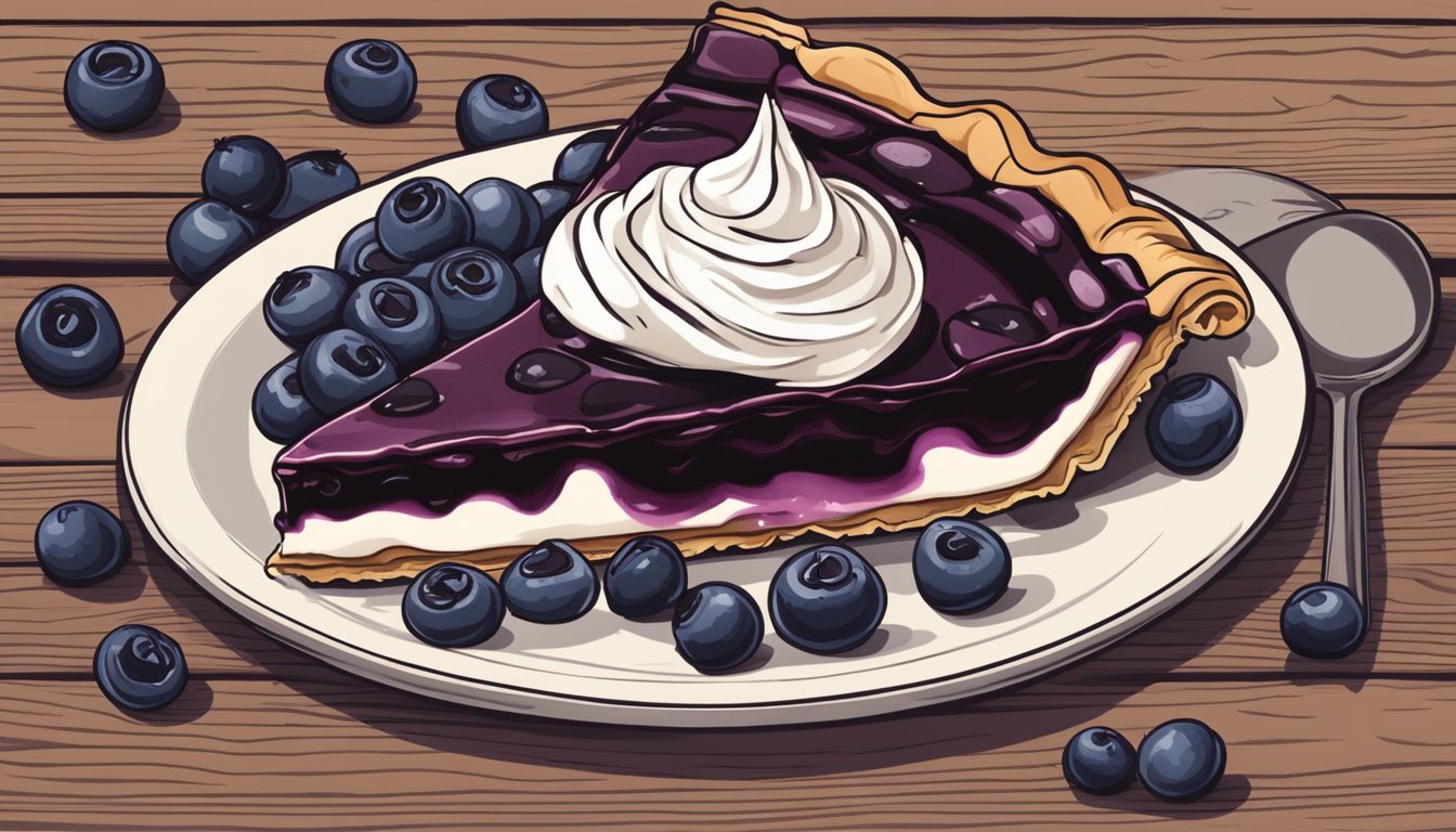 A slice of huckleberry pie on a rustic wooden table with a dollop of whipped cream on top, surrounded by scattered fresh huckleberries