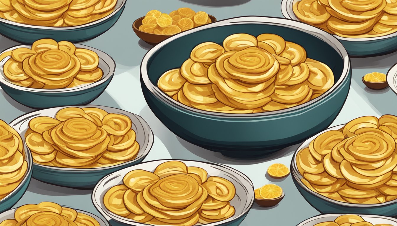 A plate of golden jalebis arranged in a circular pattern, with a small bowl of syrup on the side