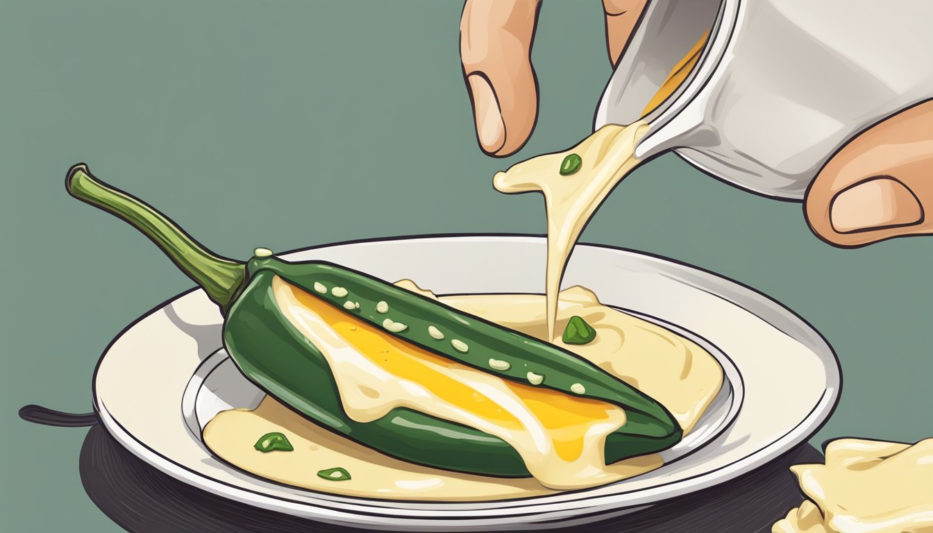 A jalapeno popper being dipped into creamy sauce on a plate