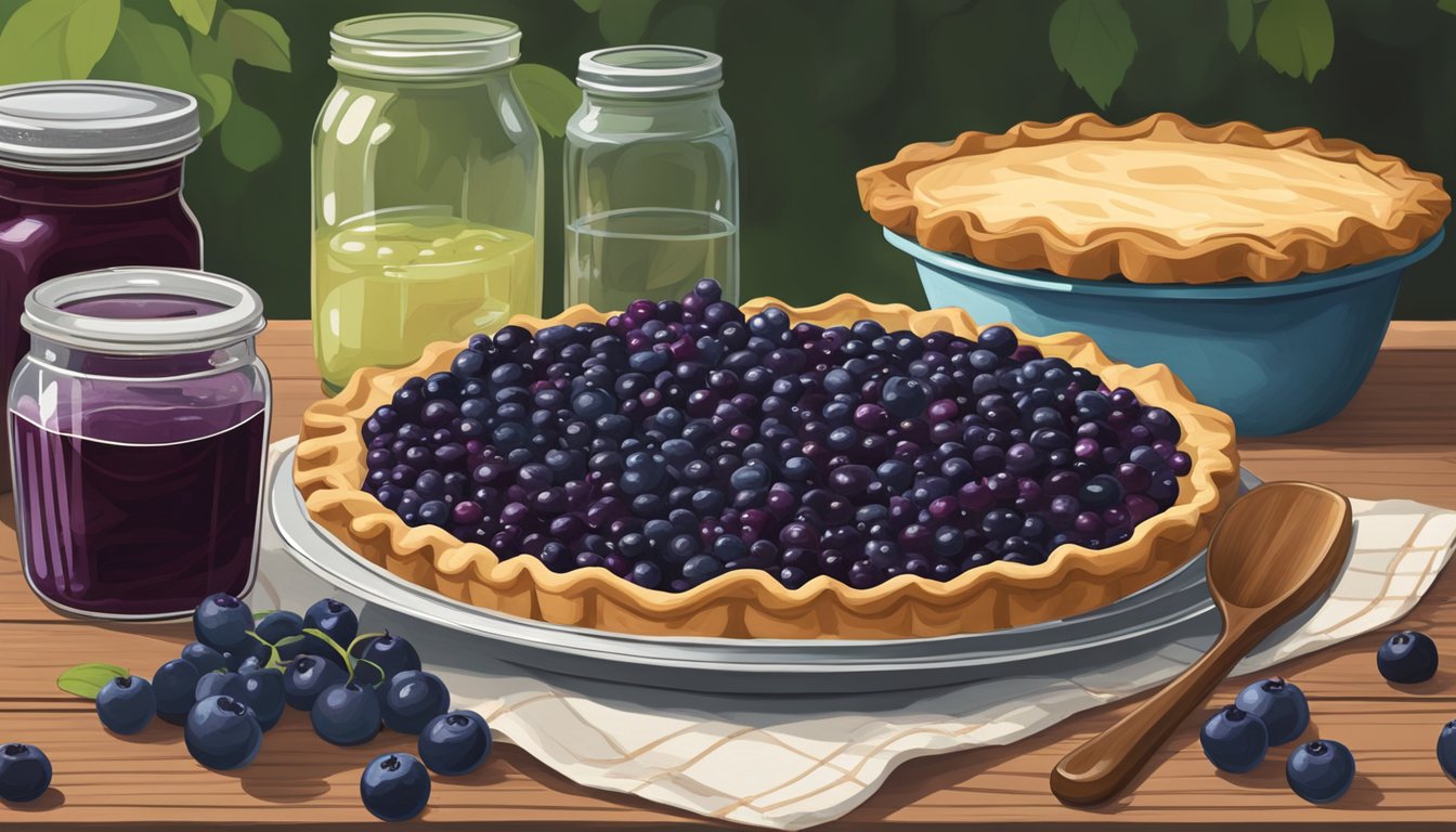 A huckleberry pie sits on a rustic wooden table, surrounded by wild huckleberries and a jar of preserves. A vintage pie server rests nearby