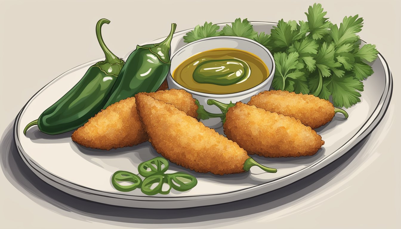 A plate of jalapeno poppers surrounded by dipping sauce and garnished with fresh cilantro