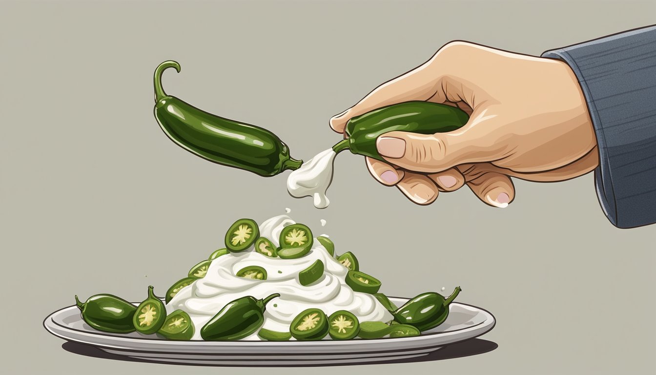 A jalapeno popper being dipped in ranch dressing