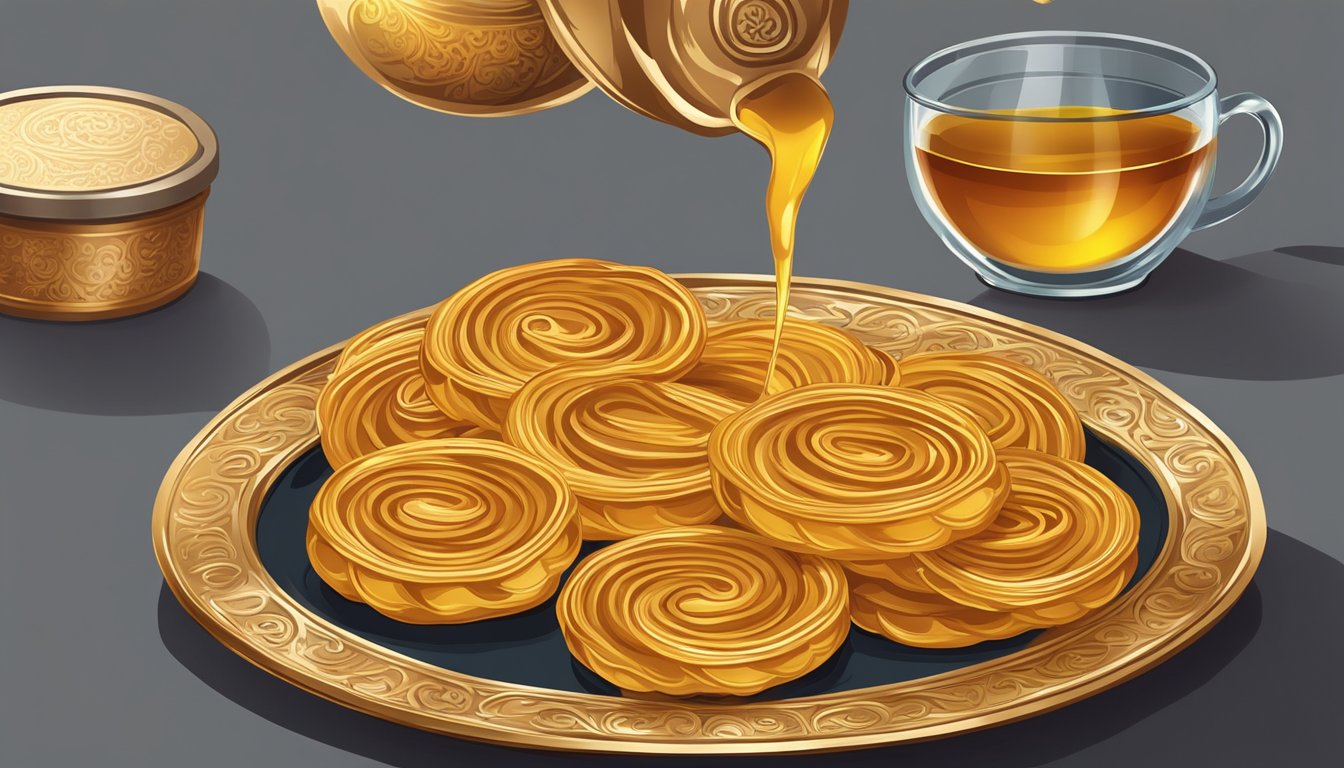 Golden jalebi being served on a decorative plate with a side of syrup, while a glass jar is shown for storing leftovers