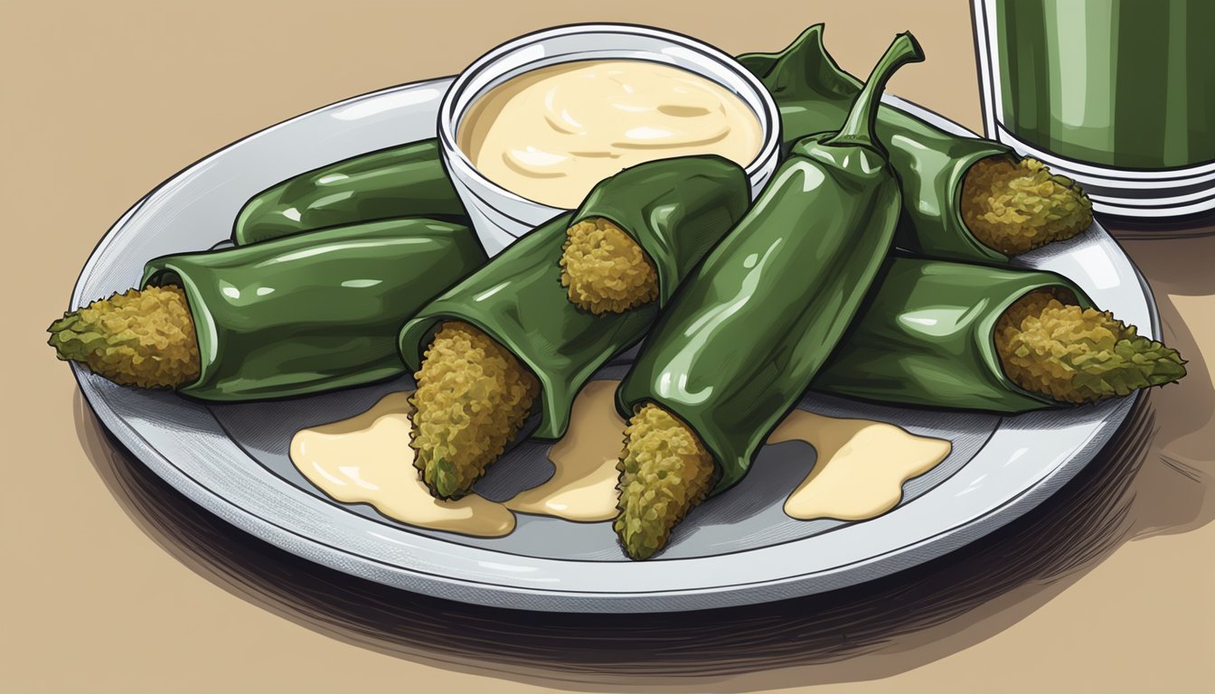 A plate of jalapeno poppers with a side of dipping sauce, surrounded by a pair of gloves and a glass of milk